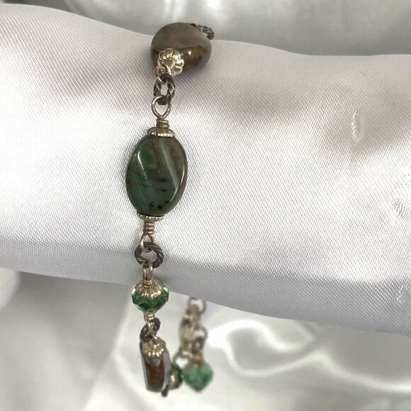 MK# Green & Brown Agate & Sterling 925 Silver Bracelet - Picture 3 of 9